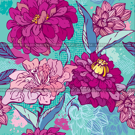 Floral Seamless Pattern with hand drawn flowers -  chrysanthemum and peony. . Стоковая иллюстрация, агентство Ingram Publishing / Фотобанк Лори