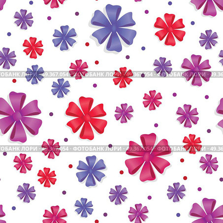 Flower Bows Seamless Pattern. Cute Bright Bowknots. Flower bows seamless pattern. Pussy bright bow knots isolated on white. Gift knot of ribbons endless texture. Overwhelming bow without ends decorative element. Flat style, Vector cassical bows. Стоковая иллюстрация, агентство Ingram Publishing / Фотобанк Лори