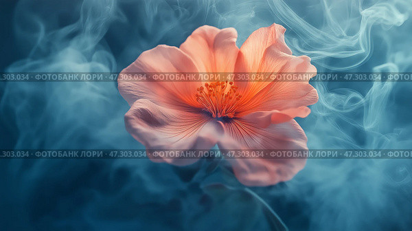 Flower floating in blue smoke creates an ethereal atmosphere in a serene setting during twilight. Нежный персиковый цветок, окруженный клубящейся голубой дымкой, создает мистическую атмосферу, подчеркивая яркие лепестки в спокойные сумерки. Стоковое AI-изображение, AI-художник Katsiaryna Repich / Фотобанк Лори