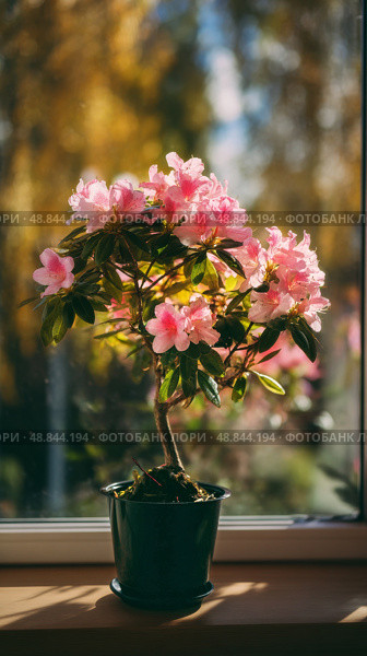 Flowering Azalea Plant in a Pot by the Window During Sunny Afternoon. Стоковое AI-изображение, AI-художник Юлия Гапеенко / Фотобанк Лори