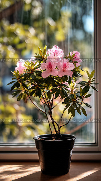 Flowering Azalea Plant in a Pot by the Window During Sunny Afternoon. Стоковое AI-изображение, AI-художник Юлия Гапеенко / Фотобанк Лори