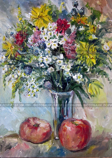 Flowers n a vase and Fruits. oil Paintings. Стоковая иллюстрация, иллюстратор Aleksandra Serova / Фотобанк Лори