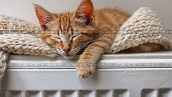 Fluffy young little cat relaxing on warm radiator with plaid against white wall. Red ginger kitten is sleeping in funny pose. Cold season. Banner for website. Pet cat warming up near heater. Heating. Стоковое AI-видео, аниматор Марина Демидюк / Фотобанк Лори
