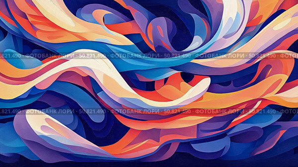 Fluidity of Color: An abstract exploration with swirling hues in blue, orange, and purple, evoking a sense of movement and depth. Стоковое AI-изображение, AI-художник Данила Большаков / Фотобанк Лори