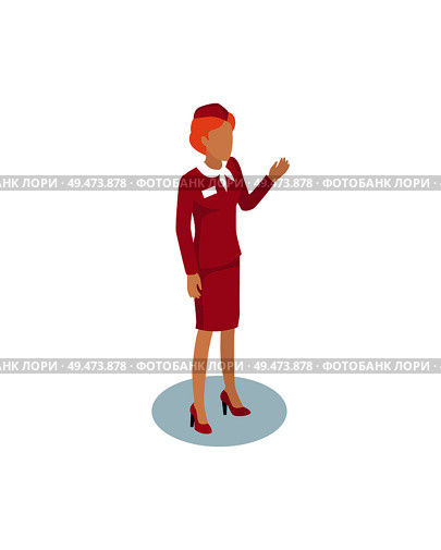 Fly attendant greeting 3D icon. Stewardess welcoming people on board. Air hostess in red uniform with name badge on jacket airlines isolated on vector. Fly Attendant Greeting Icon Vector Illustration. Стоковая иллюстрация, агентство Ingram Publishing / Фотобанк Лори