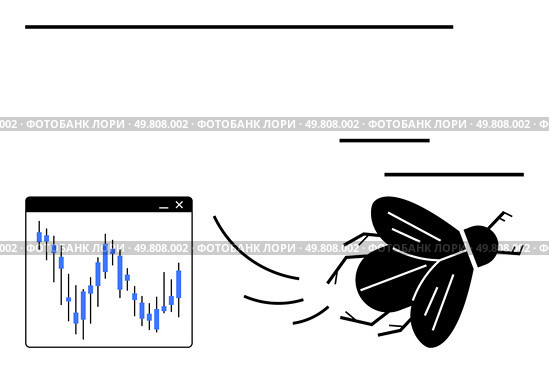Fly buzzing near a computer screen displaying a fluctuating bar chart. Ideal for chaos, market volatility, unpredictability, economic instability, tech issues, distractions, financial risk. Line. Fly buzzing towards a computer screen with fluctuating chart graph, indicating market volatility and chaos. Стоковая иллюстрация, агентство Ingram Publishing / Фотобанк Лори