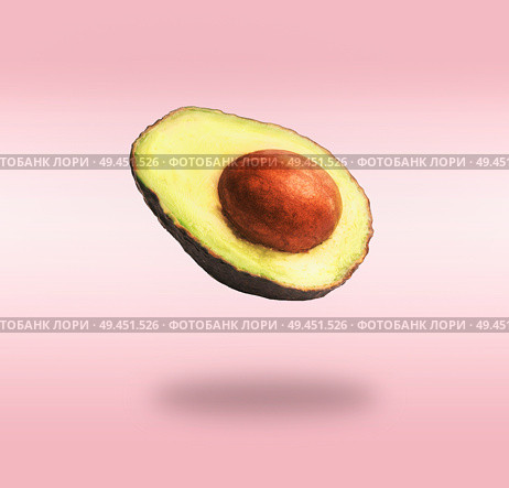 Flying half avocado with seed at pink background with shadow. Concept of food levitation. Стоковое фото, агентство Ingram Publishing / Фотобанк Лори