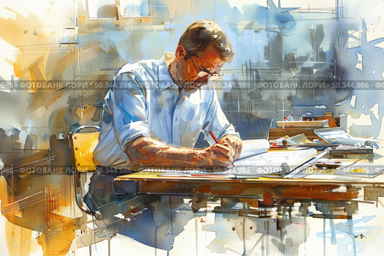 Focused architect drafts detailed plans on a drawing board surrounded by various design tools. Стоковое AI-изображение, AI-художник Данила Большаков / Фотобанк Лори