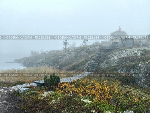 Foggy morning at Volosyanaya mountain, Kandalaksha, showcasing unique landscape and tranquility. Path to Dubldom cabin. Редакционное фото, фотограф Александра Селина / Фотобанк Лори