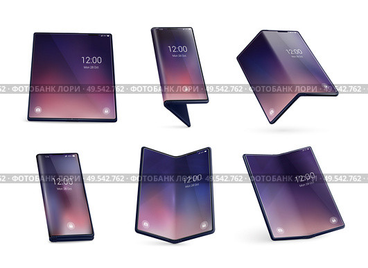 Foldable smartphone form concept realistic images set with unfolded devices larger tablet like displays isolated vector illustration. Стоковая иллюстрация, агентство Ingram Publishing / Фотобанк Лори
