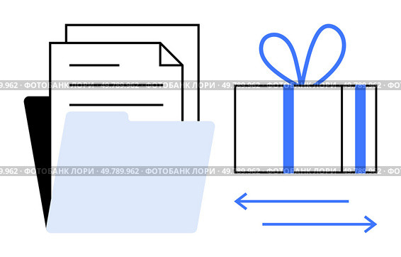 Folder containing documents next to a wrapped gift with blue ribbon, arrows indicating exchange. Ideal for business transactions, gift exchange, file sharing, documentation, corporate gifts, office. Document Transfer and Gift Exchange Representation with Folder, Papers, and Wrapped Present. Стоковая иллюстрация, агентство Ingram Publishing / Фотобанк Лори