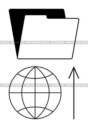 Folder, globe, and upward arrow signifying data transfer and file sharing. Ideal for global connectivity, cloud storage, digital communication, web, v10 services, online security, networking information. Folder with Globe and Upward Arrow Indicating Global Data Transfer and Online File Sharing. Стоковая иллюстрация, агентство Ingram Publishing / Фотобанк Лори