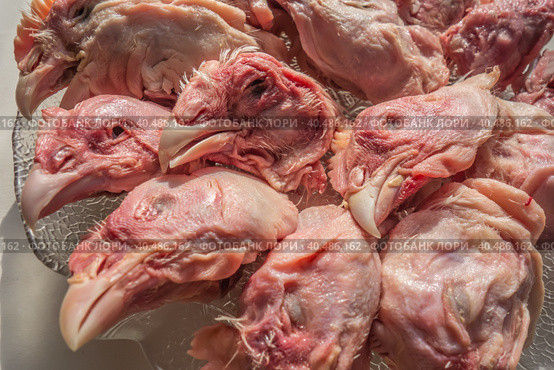 Food background of raw chicken heads. Cat food. Стоковое фото, фотограф Iva Noel / Фотобанк Лори