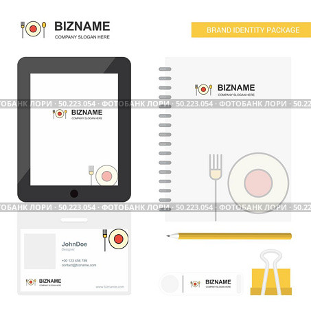 Food Business Logo, Tab App, Diary PVC Employee Card and USB Brand Stationary Package Design Vector Template. Стоковая иллюстрация, агентство Ingram Publishing / Фотобанк Лори