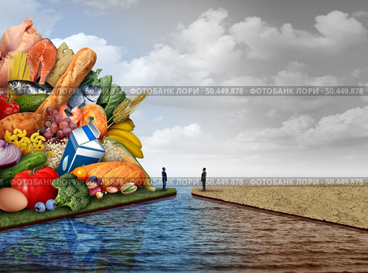 Food inequality and unfair global agriculture as rich privileged versus poor underprivileged nutrition disparity and inequity and unequal distribution of groceries or world starvation and hunger with 3D illustration elements. Стоковое фото, агентство Ingram Publishing / Фотобанк Лори