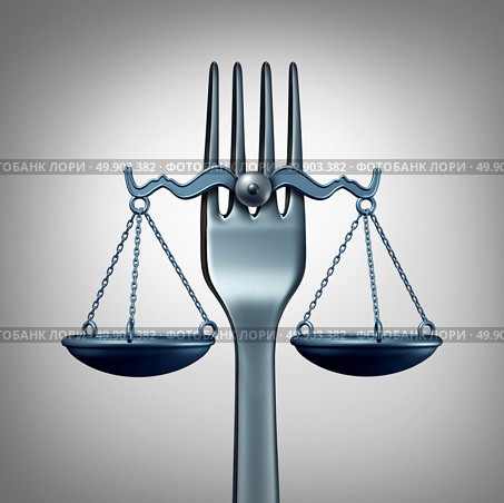 Food law and legal regulations concept with a kitchen fork shaped as a scale of justice as a symbol for nutrition inspection or eating legislation rules as a 3D illustration. Стоковое фото, агентство Ingram Publishing / Фотобанк Лори