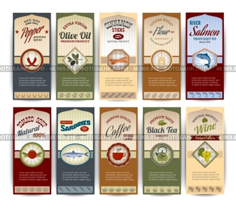 Food retro banners set with pepper olive oil sardines flour salmon isolated vector illustration. Стоковая иллюстрация, агентство Ingram Publishing / Фотобанк Лори
