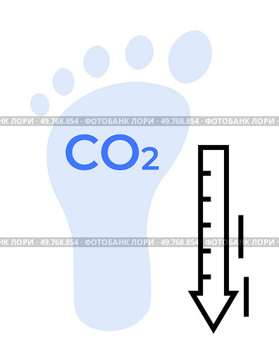 Footprint with CO2 text and a downward arrow next to it. Ideal for carbon emissions, sustainability, eco-friendly practices, environmental awareness, climate change. Simple vector style.. Reducing Carbon Footprint Awareness with Downward Trend Graph Icon and CO2 Label. Стоковая иллюстрация, агентство Ingram Publishing / Фотобанк Лори