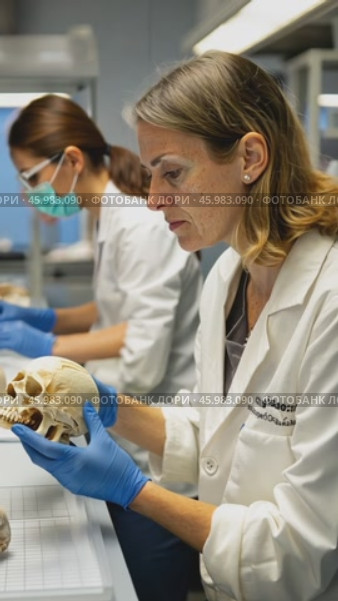 Forensic scientists examining human skull in laboratory. Стоковое AI-видео, аниматор Юрий Поздников / Фотобанк Лори