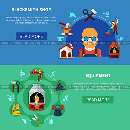 Forging Shop Banners Set. Blacksmith shop equipment store horizontal banners set with compositions of colorful doodle images of various items vector illustration. Стоковая иллюстрация, агентство Ingram Publishing / Фотобанк Лори