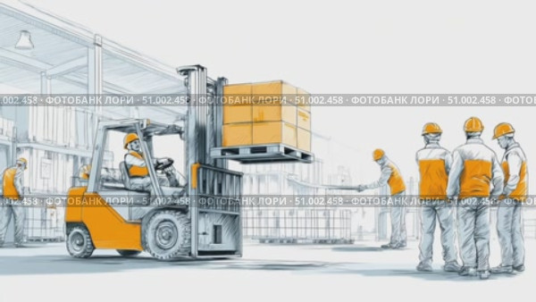 Forklift operator moving boxes in warehouse with coworkers watching. Стоковое AI-видео, аниматор Юрий Поздников / Фотобанк Лори