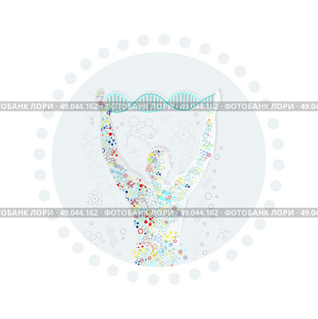 Form man with human DNA. Concept scientific. Research molecule, chemistry medical, biology technology, atom and gene medicine, biotechnology evolution, molecular structure, genetic spiral. Стоковая иллюстрация, агентство Ingram Publishing / Фотобанк Лори