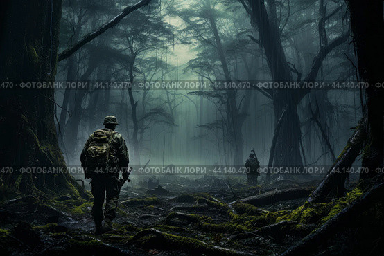 Formidable Soldier battlefield forest. Generate Ai. Стоковое AI-изображение, AI-художник Иван Рябоконь / Фотобанк Лори