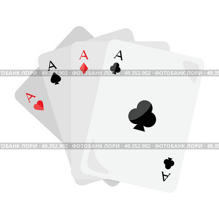 Four Aces of Diamonds Spades Hearts and Clubs. Set of vector ace playing cards isolated. Four aces of diamonds spades hearts and clubs. Poker playing cards. Gambling luck, fortune and bet, risk and leisure, jackpot chances. Flat style design. Стоковая иллюстрация, агентство Ingram Publishing / Фотобанк Лори