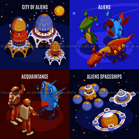 Four aliens isometric composition with city of aliens acquaintance and spaceships descriptions vector illustration. Стоковая иллюстрация, агентство Ingram Publishing / Фотобанк Лори