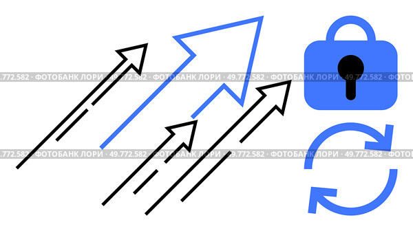 Four arrows pointing upward, a lock symbol, and a refresh icon in a minimalist blue and black vector style. Ideal for growth, progress, security, safety, and synchronization themes in business. Progress Arrows with Security and Refresh Symbols for Growth and Safety Concept. Стоковая иллюстрация, агентство Ingram Publishing / Фотобанк Лори