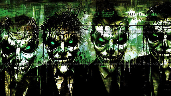 Four macabre zombie faces emerge with glowing green eyes, exuding a sense of horror against a dark backdrop. Стоковое AI-изображение, AI-художник Данила Большаков / Фотобанк Лори