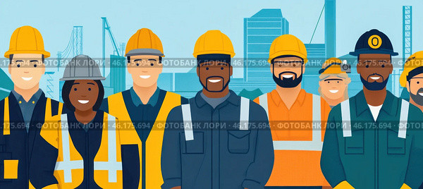 Four men in hard hats and yellow vests standing together. Стоковое AI-изображение, AI-художник Юрий Поздников / Фотобанк Лори