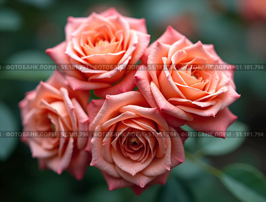 Four pink and orange roses with green leaves in back. For floral and gift sites. Стоковое AI-изображение, AI-художник Анна Сивакова / Фотобанк Лори