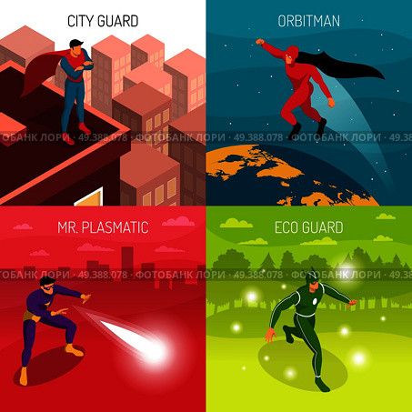 Four superheroes with various powers isometric 2x2 design concept isolated on colorful background 3d vector illustration. Superhero 2x2 Design Concept. Стоковая иллюстрация, агентство Ingram Publishing / Фотобанк Лори