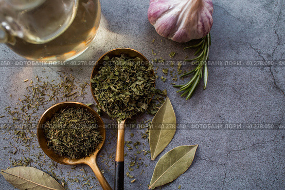 Fragrant spices. Dried parsley, dill, rosemary, garlic, and bay leaf on a gray background. Free space. Стоковое фото, фотограф Photojuli / Фотобанк Лори