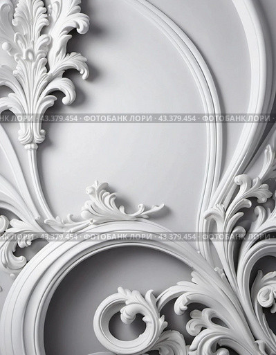 Frame in Roccoco Baroque style. Delicate gray grey white monochrome flowers, soft petals. Image captures the intricate details of blossoms, showcasing delicate beauty. Background with copy space. AI. Стоковое AI-изображение, AI-художник Юлия Петровская / Фотобанк Лори