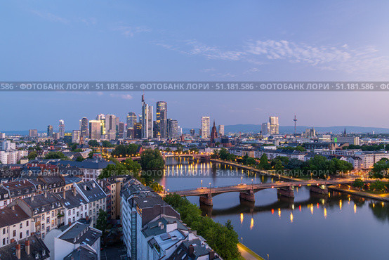 Frankfurt am Main Downtown City Skyline at Morning Twilight. Aerial View. Стоковое фото, фотограф Максим Забаровский / Фотобанк Лори