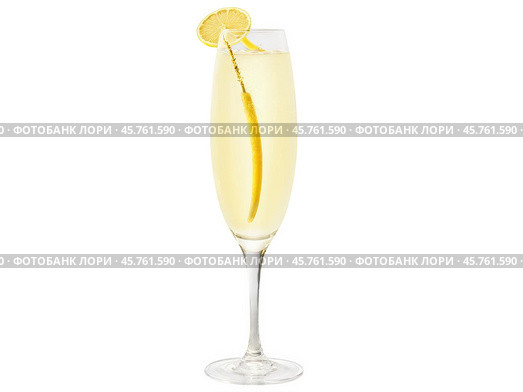 French 75 cocktail, pale golden liquid, long lemon peel, effervescent bubbles, tall flute, splashy pour, Jazz Age elegance. Стоковое AI-изображение, AI-художник svetograph / Фотобанк Лори