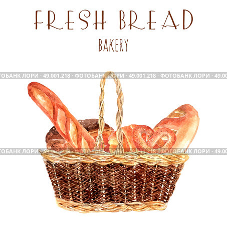 Fresh bread baker basket illustration. Bakery bread advertisement poster with vintage  basket full fresh wheat round loafs and baguette abstract vector illustration. Стоковая иллюстрация, агентство Ingram Publishing / Фотобанк Лори
