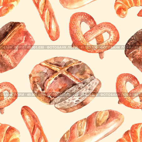 Fresh bread seamless decorative pattern. Bakery bread seamless wrap paper  pattern with round whole wheat loaf and pretzel pictograms abstract vector illustration. Стоковая иллюстрация, агентство Ingram Publishing / Фотобанк Лори