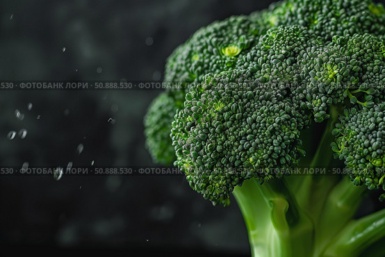 Fresh broccoli florets with water droplets splashing on dark background. Стоковое AI-изображение, AI-художник Иван Рябоконь / Фотобанк Лори