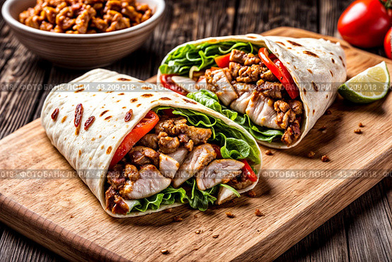 Fresh chicken shawarma wrap on wooden board. Savory chicken shawarma with vegetables and herbs on a rustic wooden serving platter. Food service concept. Copy ad text space. Generate Ai. Стоковое AI-изображение, AI-художник Aleksandr Golubev / Фотобанк Лори
