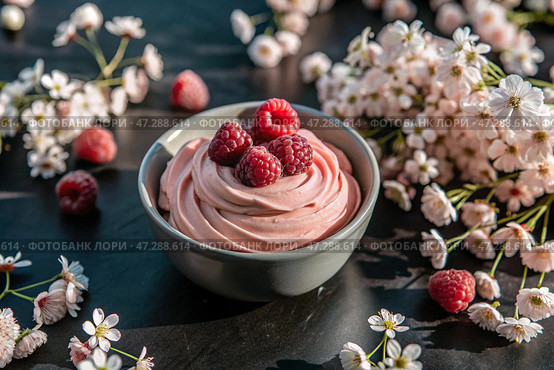 Fresh dairy products, cottage cheese with fresh raspberries in ceramic dishes. The concept of natural, dietary nutrition. Healthy foods. Стоковое AI-изображение, AI-художник Photojuli / Фотобанк Лори
