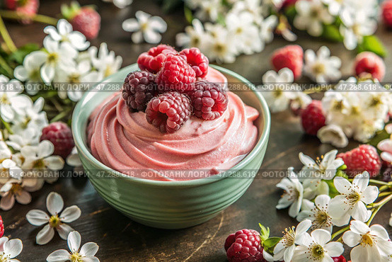 Fresh dairy products, cottage cheese with fresh raspberries in ceramic dishes. The concept of natural, dietary nutrition. Healthy foods. Стоковое AI-изображение, AI-художник Photojuli / Фотобанк Лори