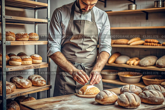 Fresh delicious bread in the hands of a male baker in close-up. Freshly baked sourdough bread with a golden crust on a wooden board. The context of a bakery with delicious bread. Confectionery products. Стоковое AI-изображение, AI-художник Photojuli / Фотобанк Лори
