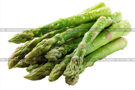 Fresh green asparagus spears grouped in clusters isolated on transparent white background. Detailed texture and vibrant color. Close-up studio of group of fresh asparagus stalks arranged neatly. Стоковое AI-изображение, AI-художник Марина Демидюк / Фотобанк Лори
