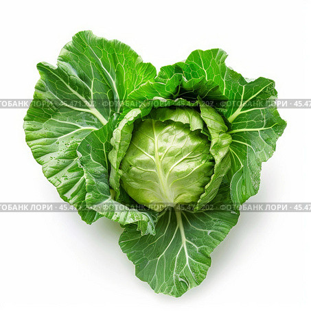 Fresh green cabbage with intact outer leaves lying on white background. Стоковое AI-изображение, AI-художник Иван Рябоконь / Фотобанк Лори