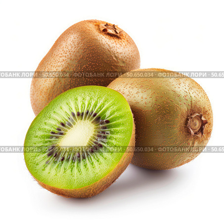 Fresh kiwi fruits showing ripe green pulp and seeds on white background. Стоковое AI-изображение, AI-художник Иван Рябоконь / Фотобанк Лори