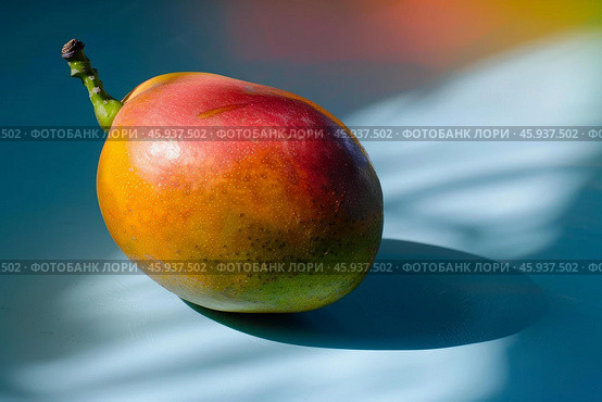 Fresh mango fruit resting on vibrant blue surface with stem intact. Стоковое AI-изображение, AI-художник Иван Рябоконь / Фотобанк Лори