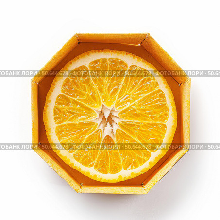 Fresh orange slice resting in octagonal cardboard container. Стоковое AI-изображение, AI-художник Иван Рябоконь / Фотобанк Лори